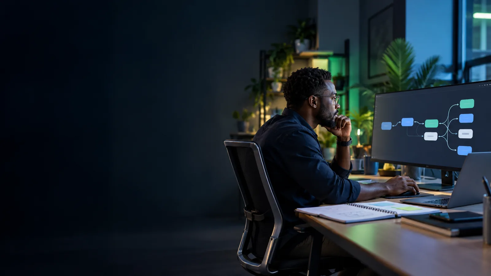 Black African automation engineer reviewing a visual business workflow on a monitor
