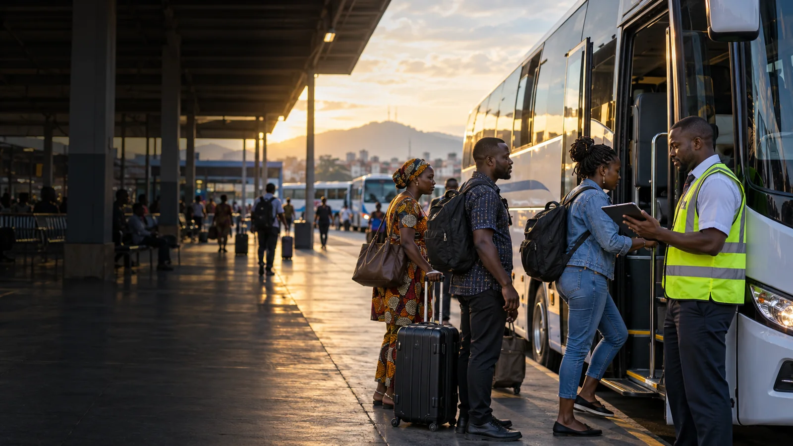 Black African bus operations agent coordinating passenger boarding at a terminal