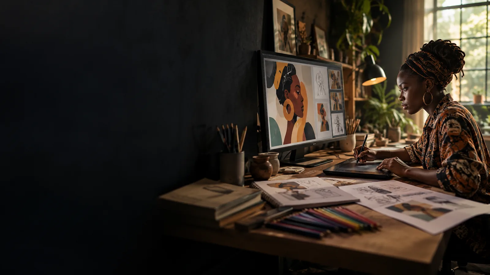Black African graphic artist creating poster artwork with a pen tablet