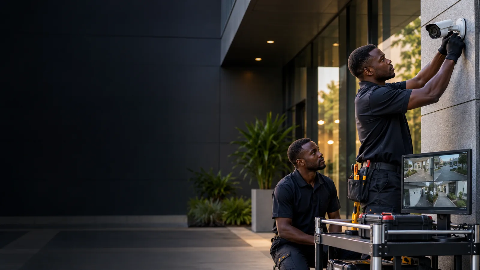 Black African security technician installing a CCTV camera at a business premises