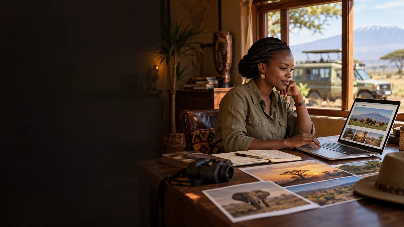 Black African professional reviewing a safari trip website and destination photographs