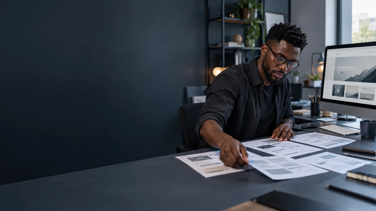 Black African web designer working with website wireframes and a desktop monitor